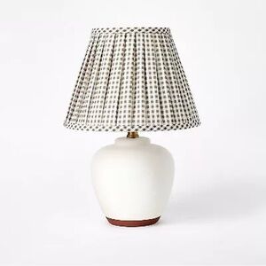 Ceramic Table Lamp with Gingham Print Pleated Shade White (Includes LED Light